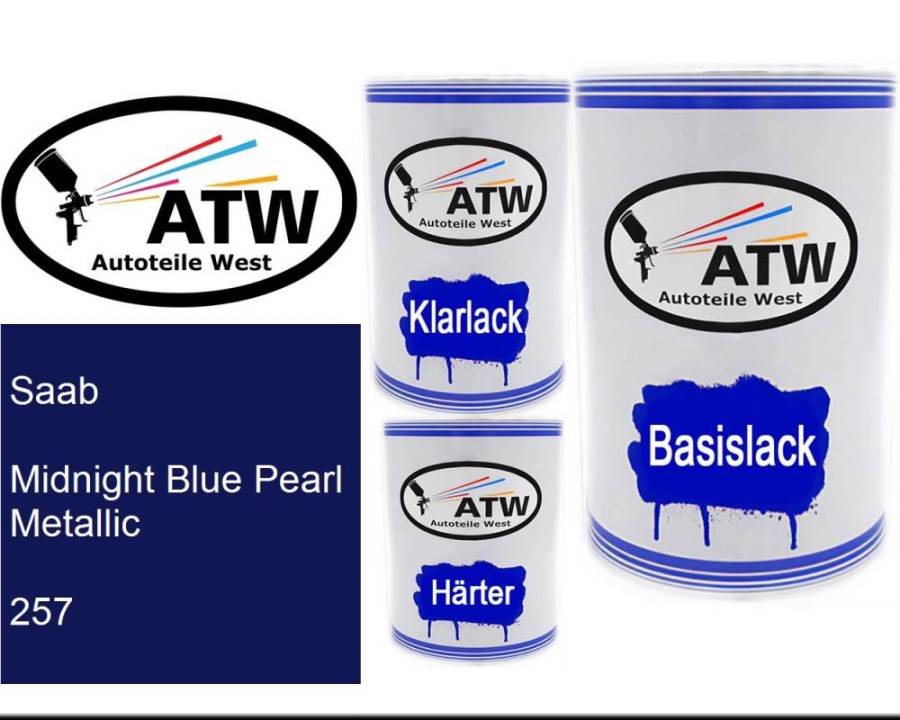 Saab, Midnight Blue Pearl Metallic, 257: 500ml Lackdose + 500ml Klarlack + 250ml Härter - Set, von ATW Autoteile West.